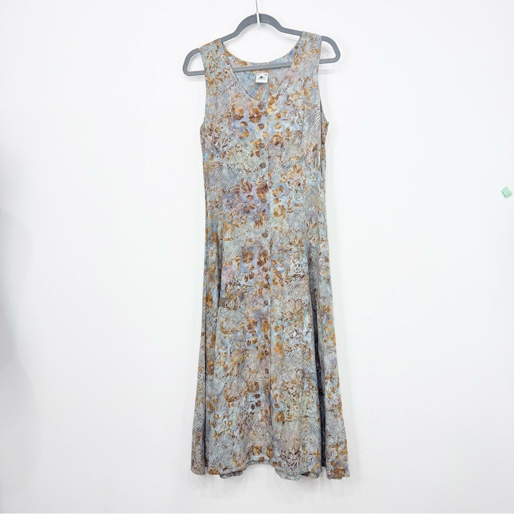 Lost River Blue Tan Floral Abstract Tie Dye Sleeveless Button Up A Line Dress